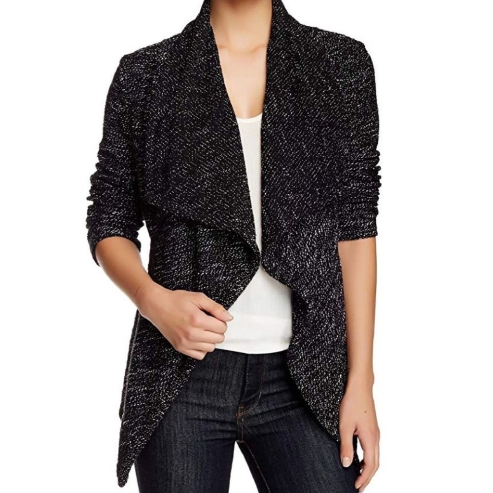 BNCI by Blanc Noir Women's Tweed Drape Front Shawl Collar Cardigan Sweater Black